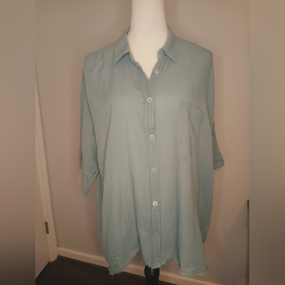 Free People 100% Cotton Oversized Raw Edge Button Front Shirt